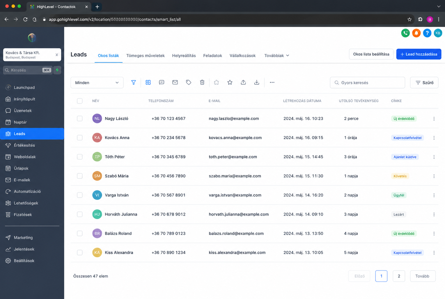 CRM rendszer dashboard